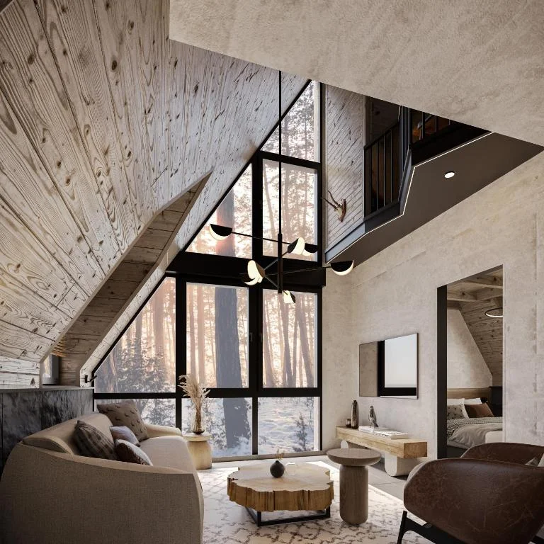 Two-Bedroom Suite - panoramic A-frame window with golden forest views