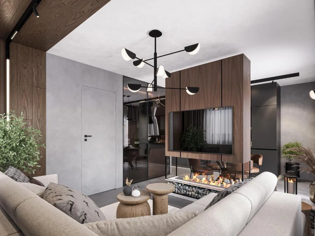 Living room with bioethanol fireplace and designer interior